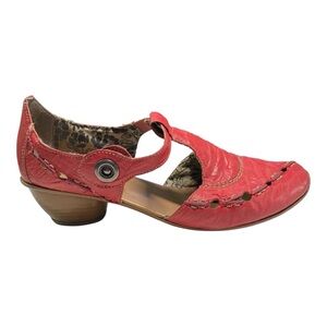 Rieker  Mary Jane’s Size 8-8.5/ 39  Red Leather /Fabric Cut Out 2” Heel Preloved